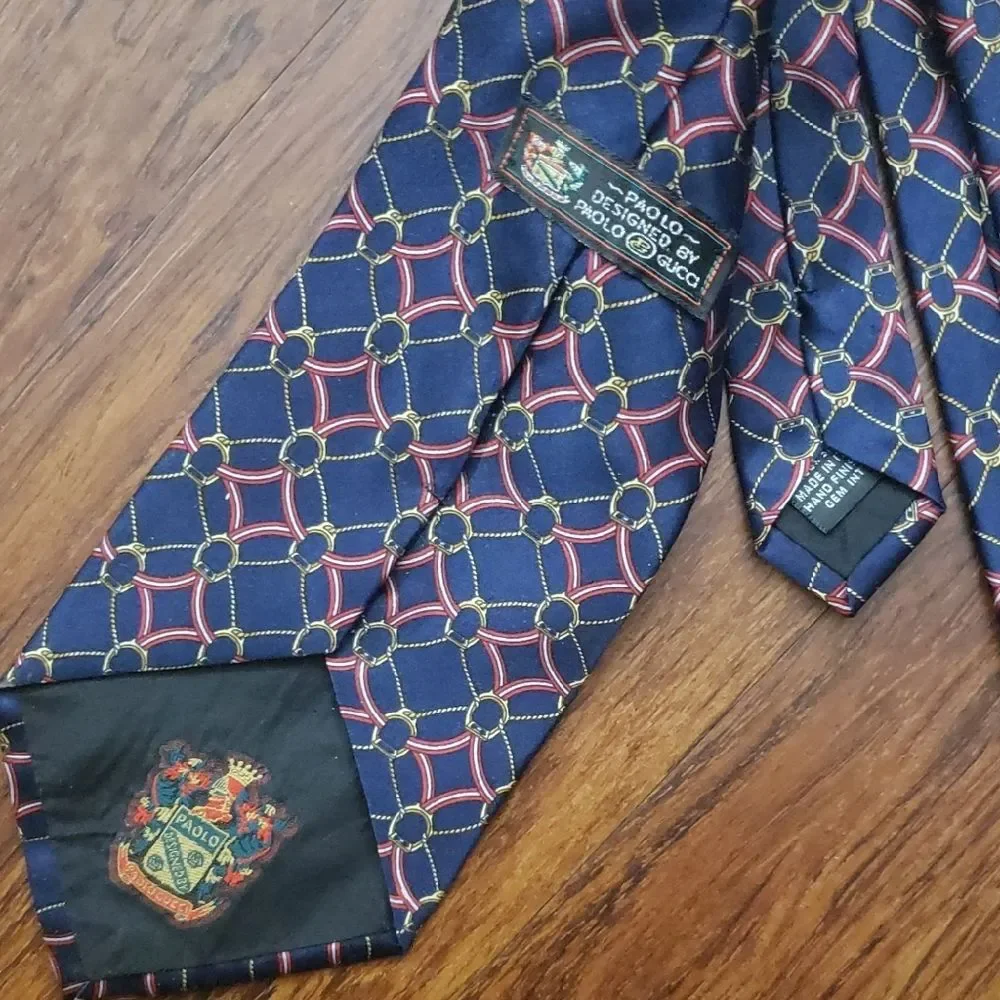 Vintage Gucci Mens Navy Red Horsebit Silk Tie